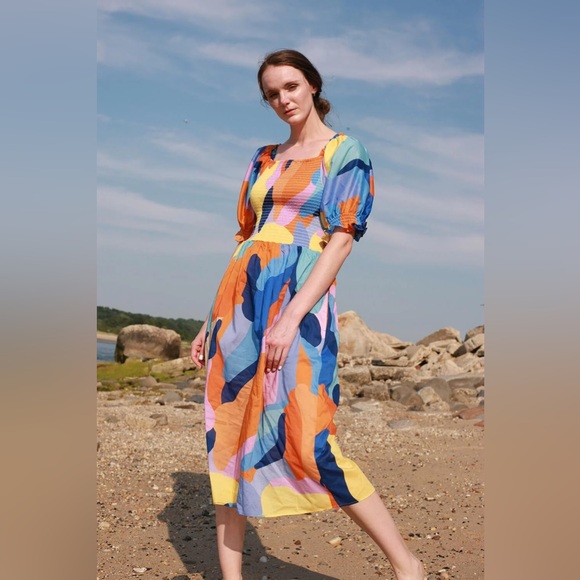 Jessie Zhao Tropical Love Smocked Puff Sleeve Cotton Midi Dress Multicolor S NWT - Picture 1 of 11